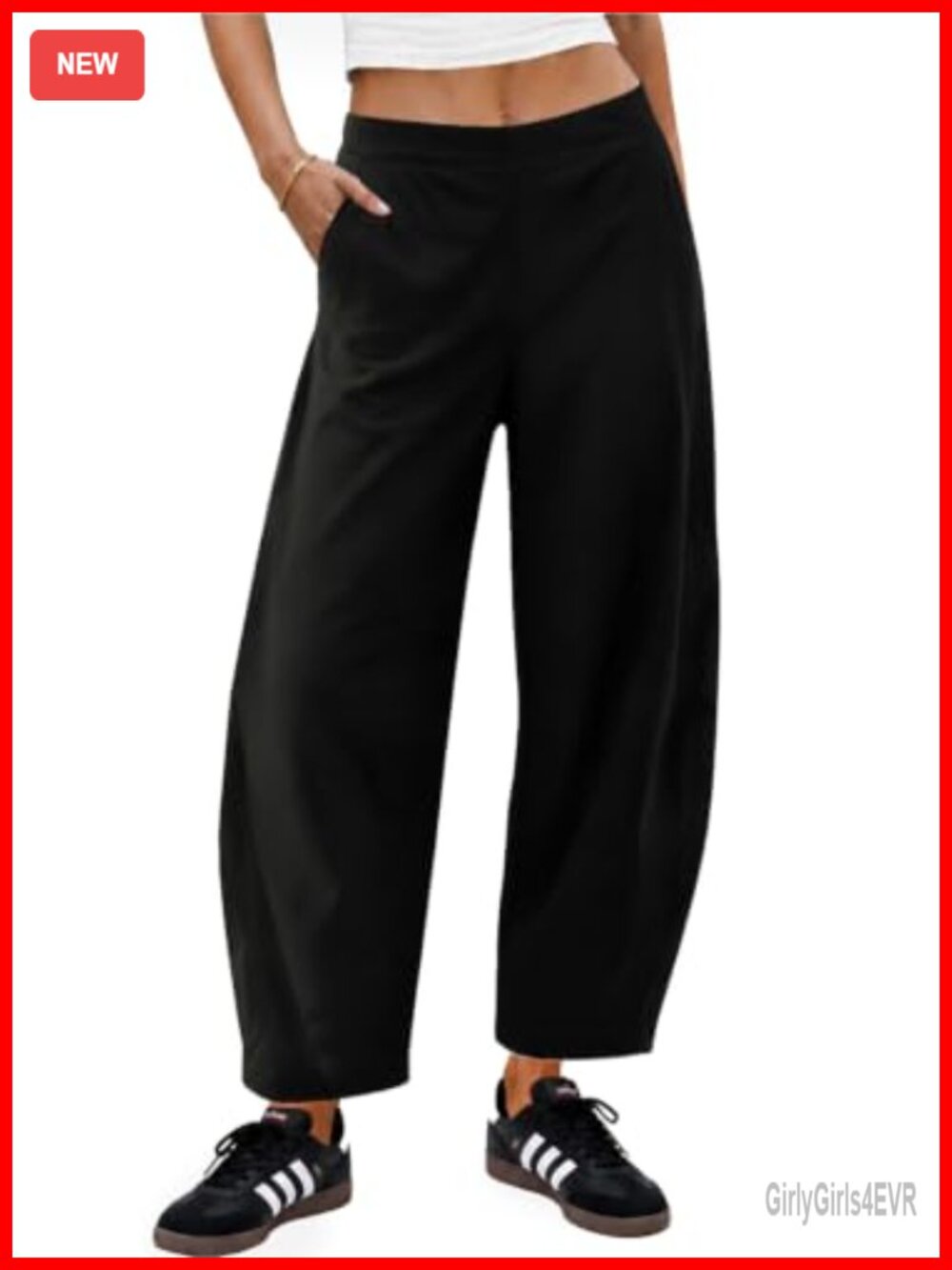 Women's Barrel Baggy Ankle Pants Elastic Waist Side Pockets